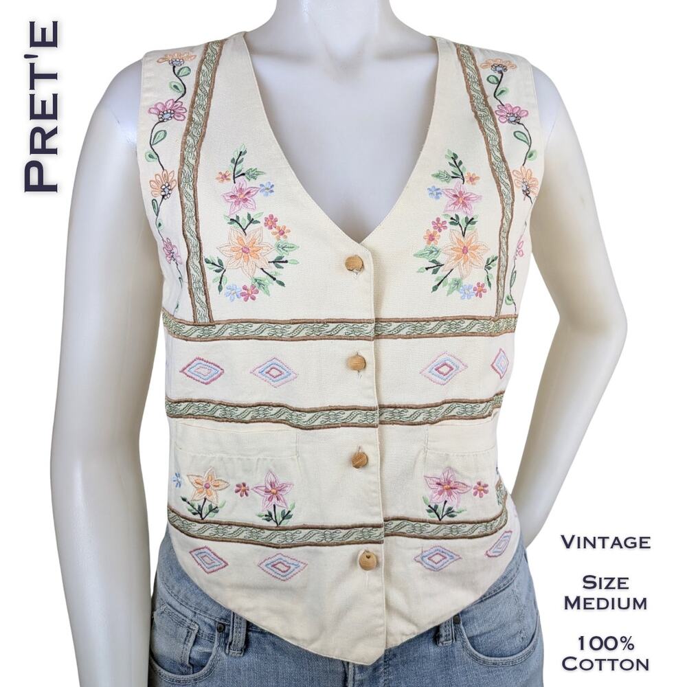 Pret'3 Vintage 90s Vest Medium Cream Floral Embroidered Cotton Button Front Boho